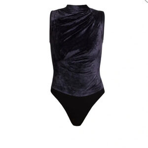 Rta Julie Sleeveless Highneck Velvet Bodysuit Small. Navy asymmetrical